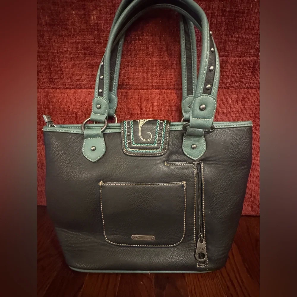 Montana West Buckle Shoulder Tote Purse Concealed Carry Rhinestones Black Blue - Picture 5 of 11